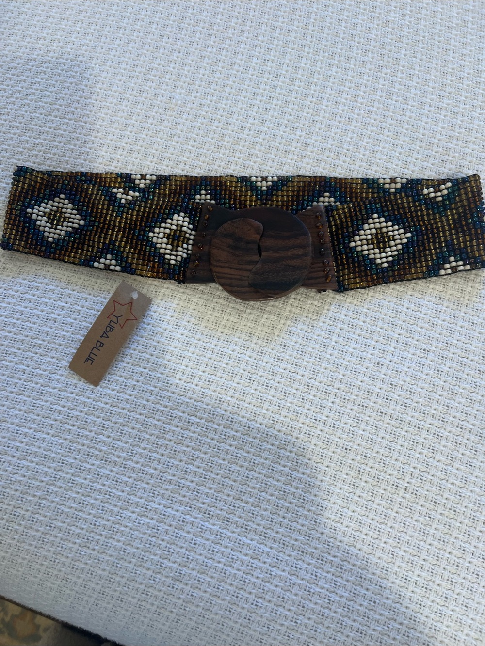 Hand-Beaded Earth Tone Women's Waist Belt with Wooden Buckle